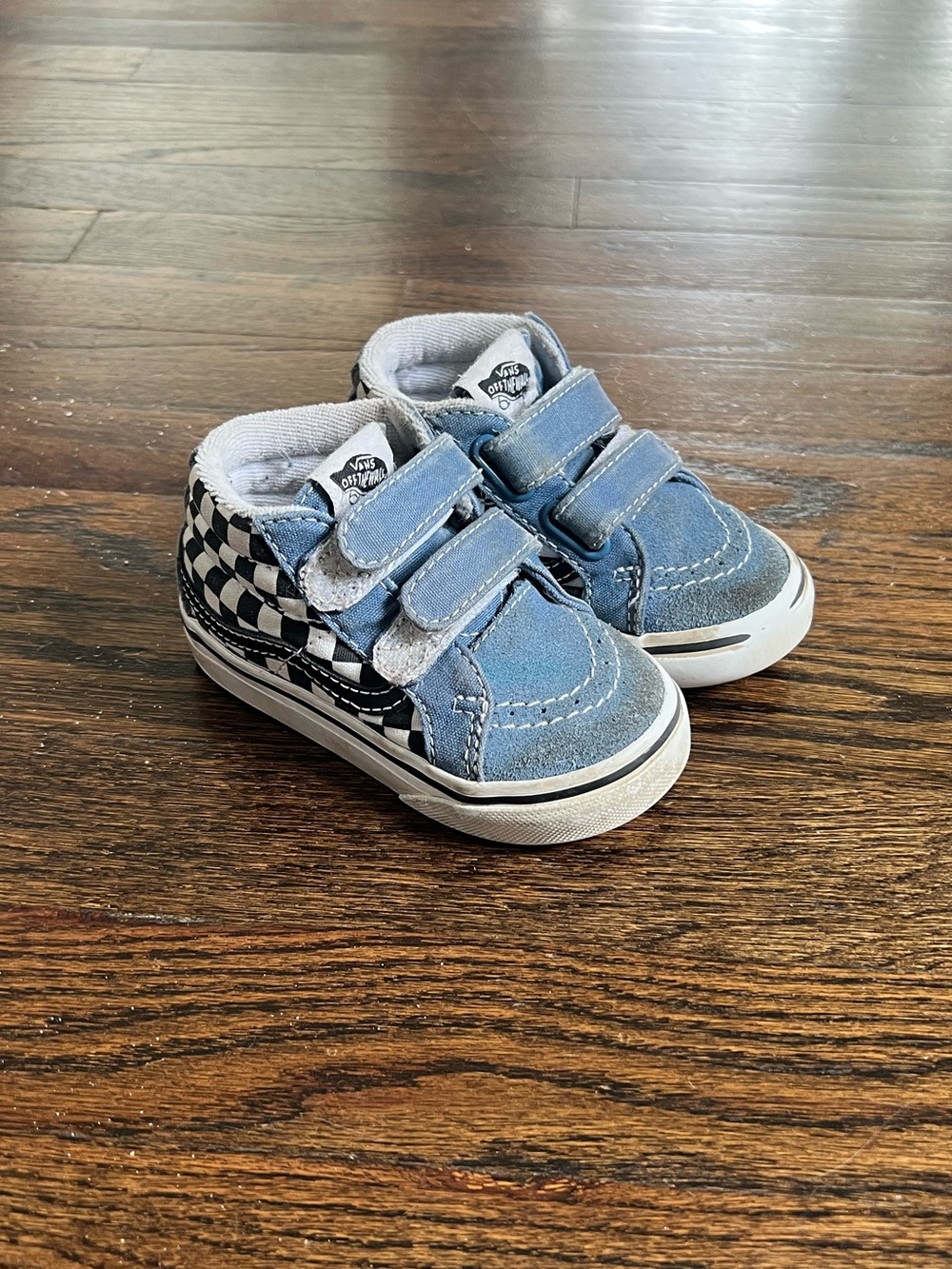 Vans Kids Light Blue Suede & Black-White Checkerboard Velcro Sneakers
